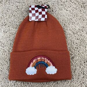 Crown Pop Culture Beanie Clouds Rainbow Dripping Sienna Rust Orange Knit Hat NWT